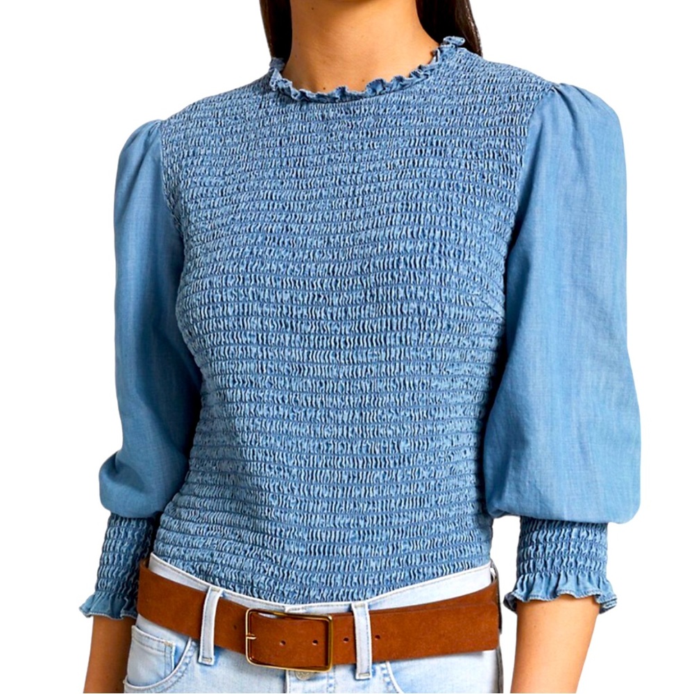 Veronica Beard Womens Idony Smocked Chambray Puff Sleeve Top Shirt blouse Size 8